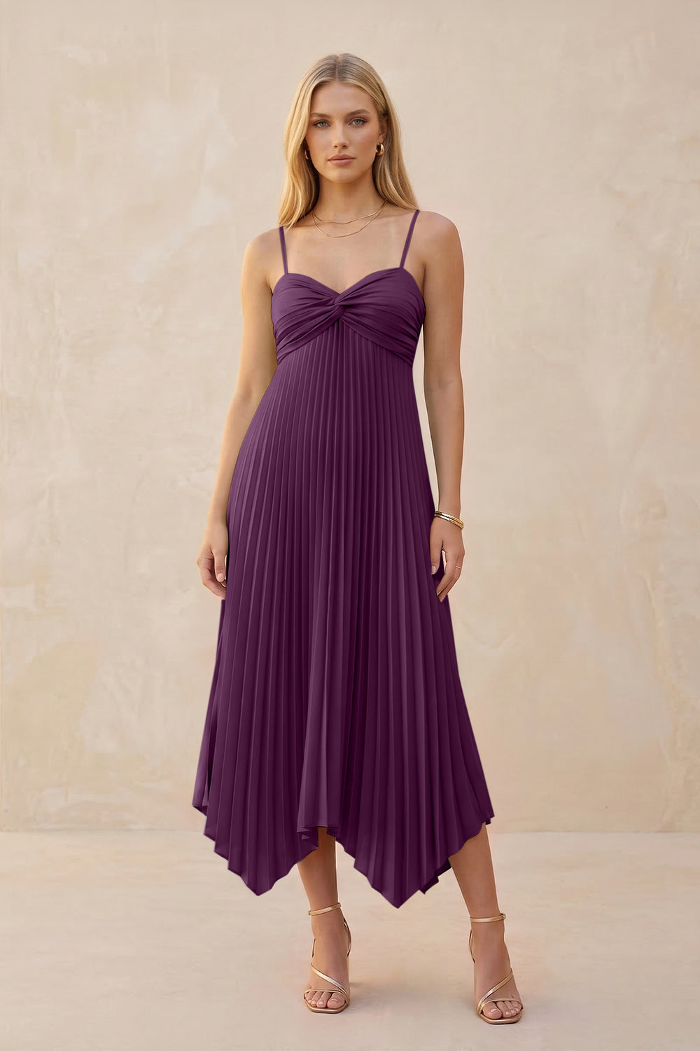 Spaghetti Strap Pleated A-Line Chiffon Midi Bridesmaid Dress in Fig