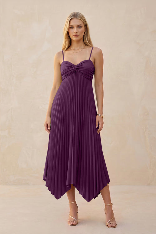 Spaghetti Strap Pleated A-Line Chiffon Midi Bridesmaid Dress in Fig | KISSBRIDAL