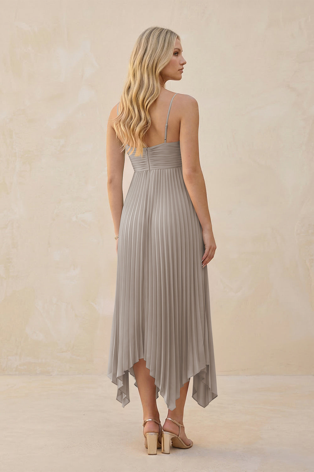 Spaghetti Strap Pleated A-Line Chiffon Midi Bridesmaid Dress in Frost