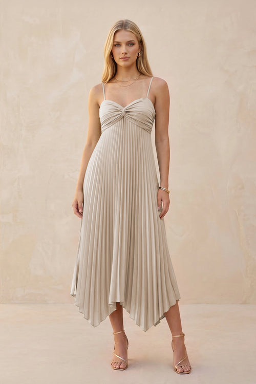 Spaghetti Strap Pleated A - Line Chiffon Midi Bridesmaid Dress in Frost - KISS BRIDAL Bridesmaid Dresses
