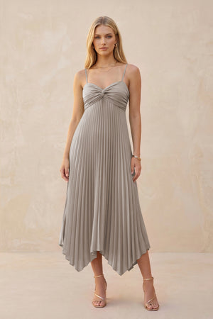 Spaghetti Strap Pleated A-Line Chiffon Midi Bridesmaid Dress in Frost | KISSBRIDAL