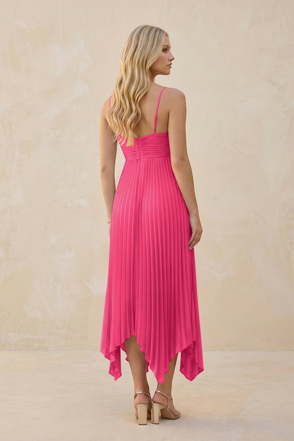 Spaghetti Strap Pleated A-Line Chiffon Midi Bridesmaid Dress in Fuchsia (2) | KISSBRIDAL