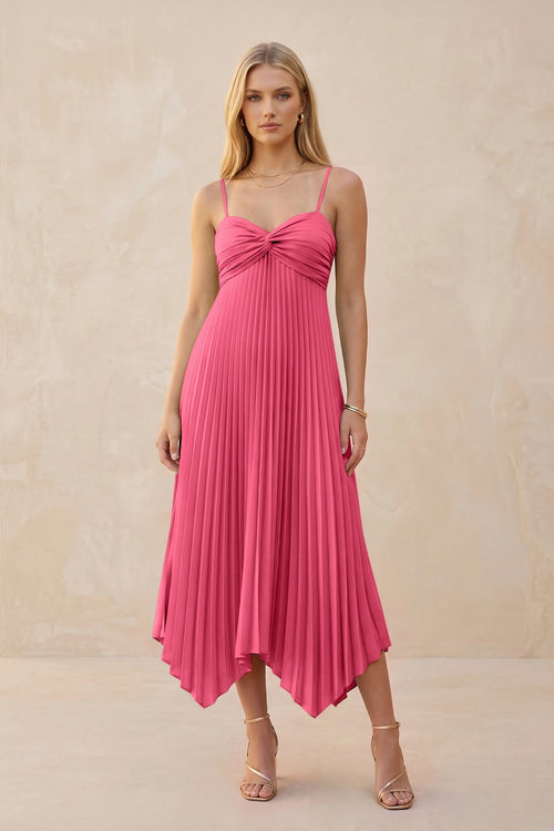 Spaghetti Strap Pleated A - Line Chiffon Midi Bridesmaid Dress in Fuchsia - KISS BRIDAL Bridesmaid Dresses