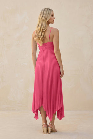 Spaghetti Strap Pleated A - Line Chiffon Midi Bridesmaid Dress in Fuchsia - KISS BRIDAL Bridesmaid Dresses