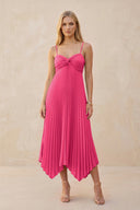 Spaghetti Strap Pleated A-Line Chiffon Midi Bridesmaid Dress in Fuchsia | KISSBRIDAL