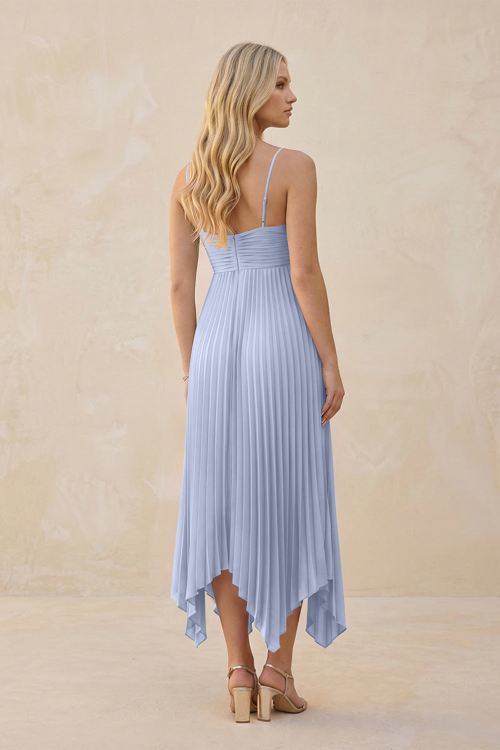 Spaghetti Strap Pleated A-Line Chiffon Midi Bridesmaid Dress in Ice