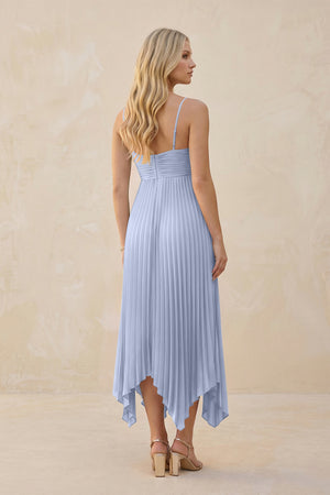 Spaghetti Strap Pleated A-Line Chiffon Midi Bridesmaid Dress in Ice (2) | KISSBRIDAL