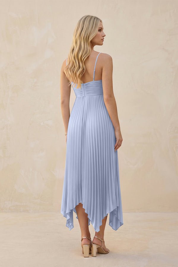 Spaghetti Strap Pleated A-Line Chiffon Midi Bridesmaid Dress in Ice (2) | KISSBRIDAL