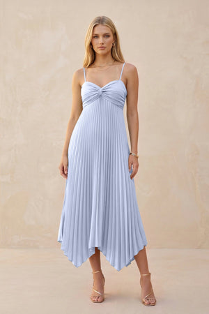 Spaghetti Strap Pleated A - Line Chiffon Midi Bridesmaid Dress in Ice - SHE IS ME Bridesmaid Dresses
