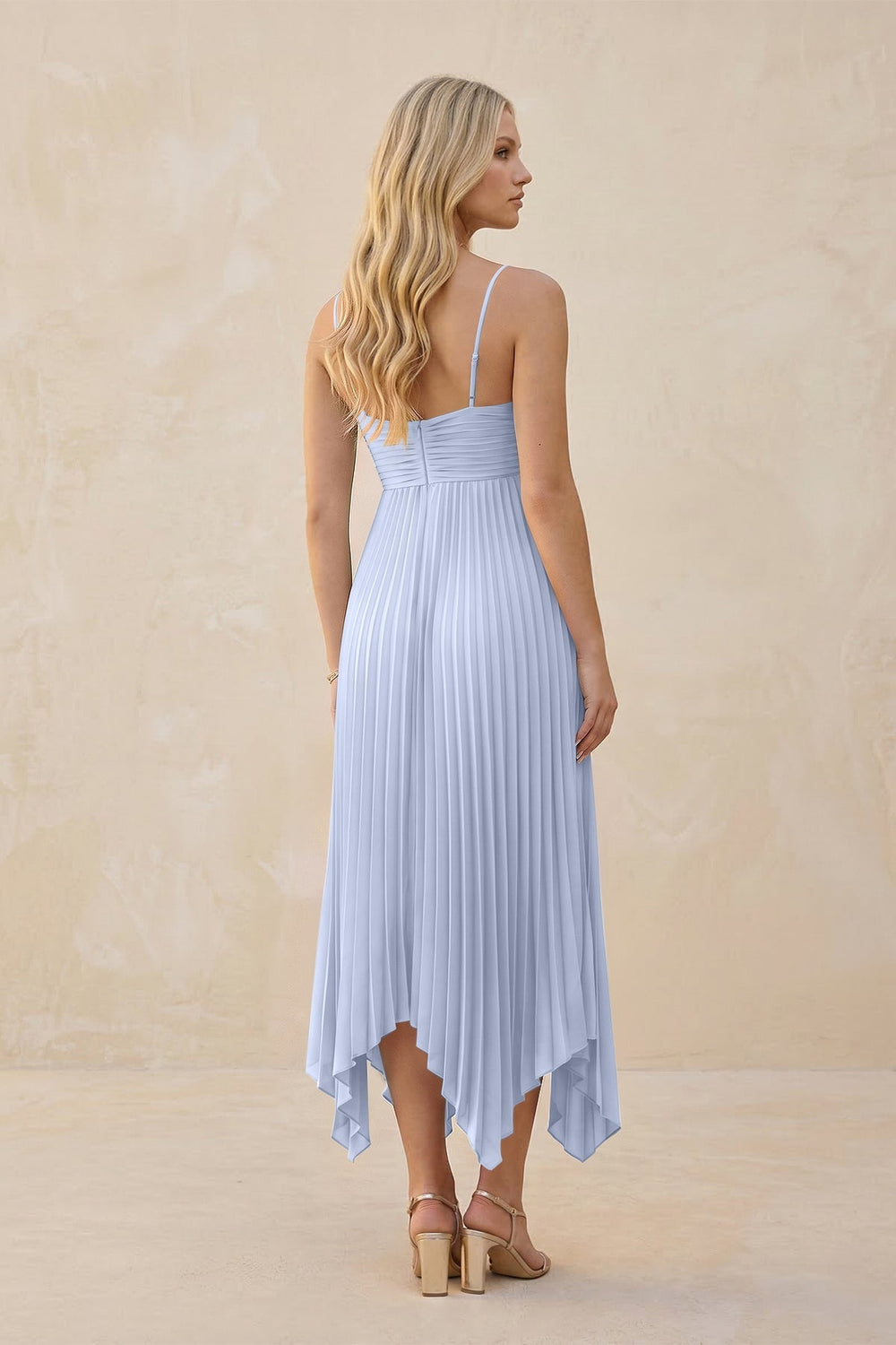 Spaghetti Strap Pleated A - Line Chiffon Midi Bridesmaid Dress in Ice - KISS BRIDAL Bridesmaid Dresses
