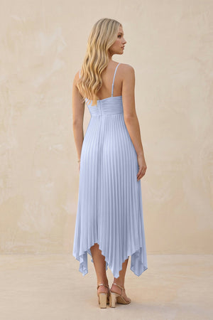 Spaghetti Strap Pleated A - Line Chiffon Midi Bridesmaid Dress in Ice - SHE IS ME Bridesmaid Dresses