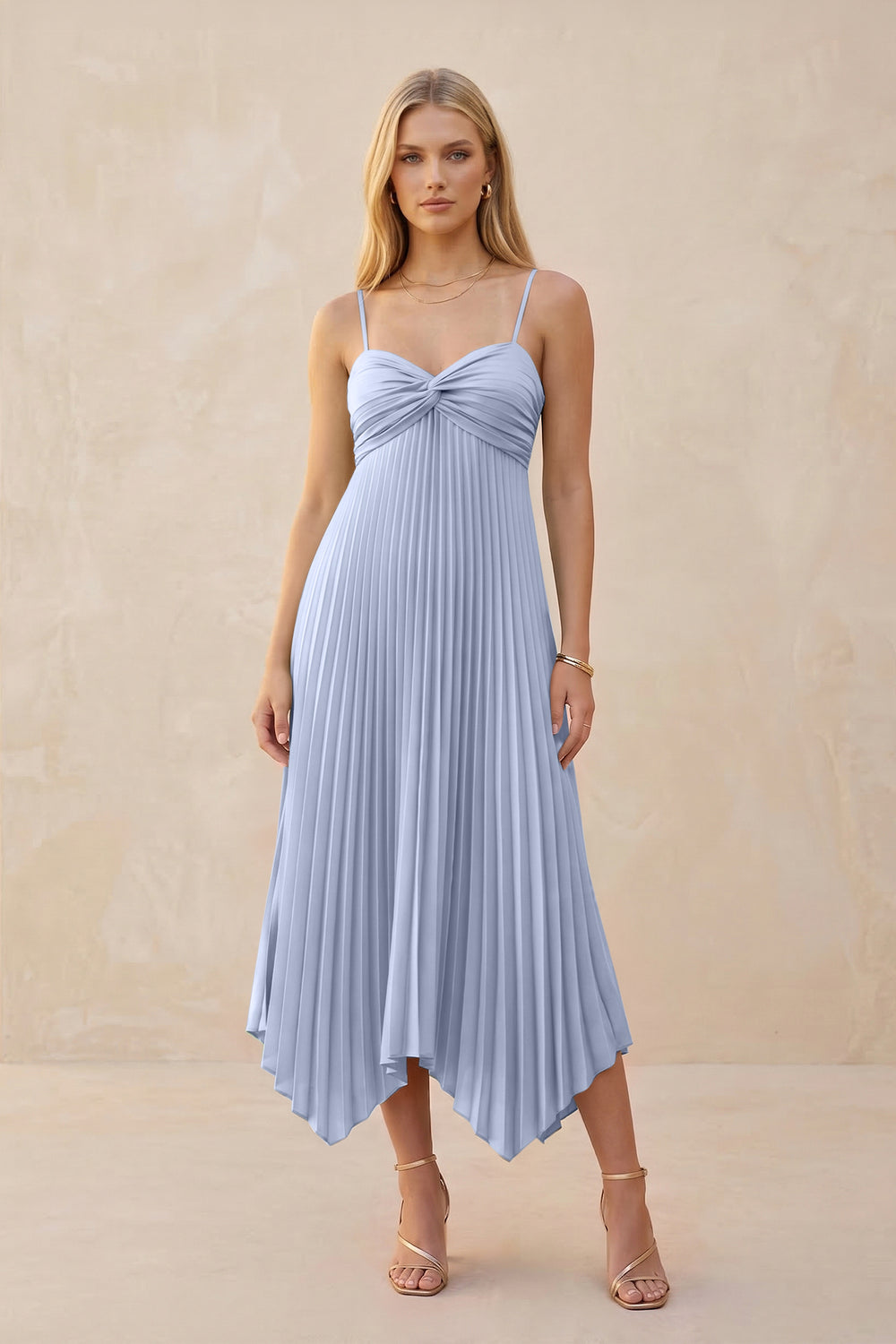 Spaghetti Strap Pleated A-Line Chiffon Midi Bridesmaid Dress in Ice