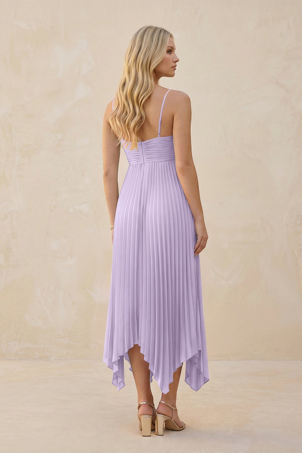 Spaghetti Strap Pleated A - Line Chiffon Midi Bridesmaid Dress in Lavender - KISS BRIDAL Bridesmaid Dresses