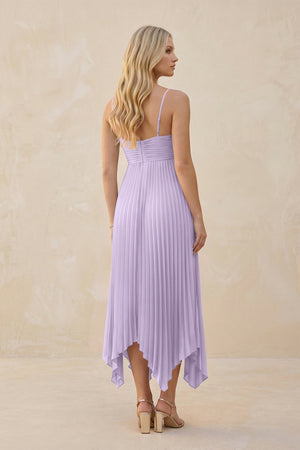 Spaghetti Strap Pleated A - Line Chiffon Midi Bridesmaid Dress in Lavender - KISS BRIDAL Bridesmaid Dresses
