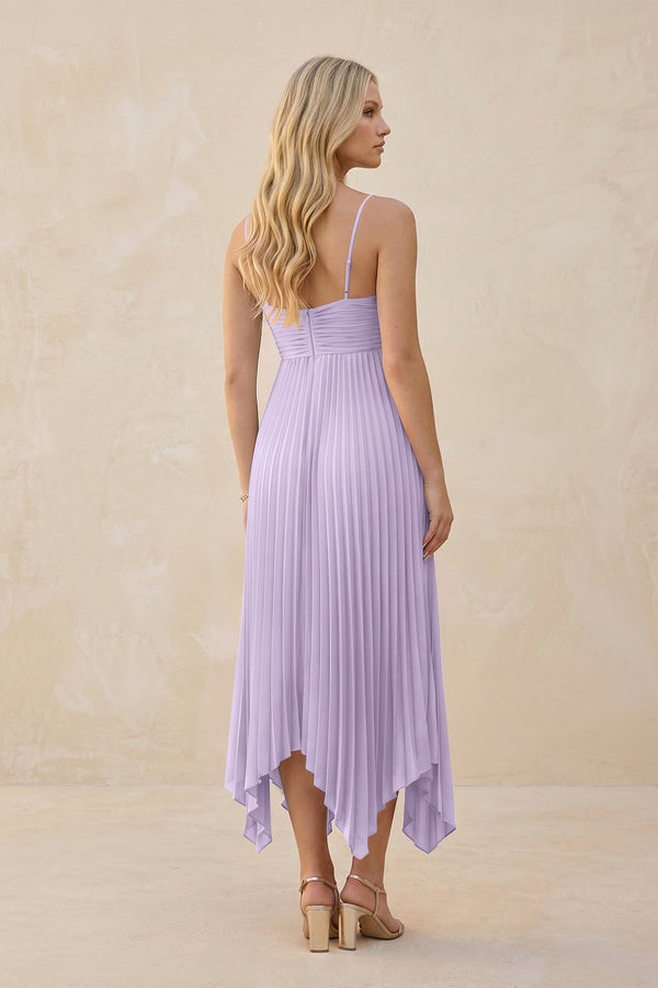 Spaghetti Strap Pleated A - Line Chiffon Midi Bridesmaid Dress in Lavender - KISS BRIDAL Bridesmaid Dresses