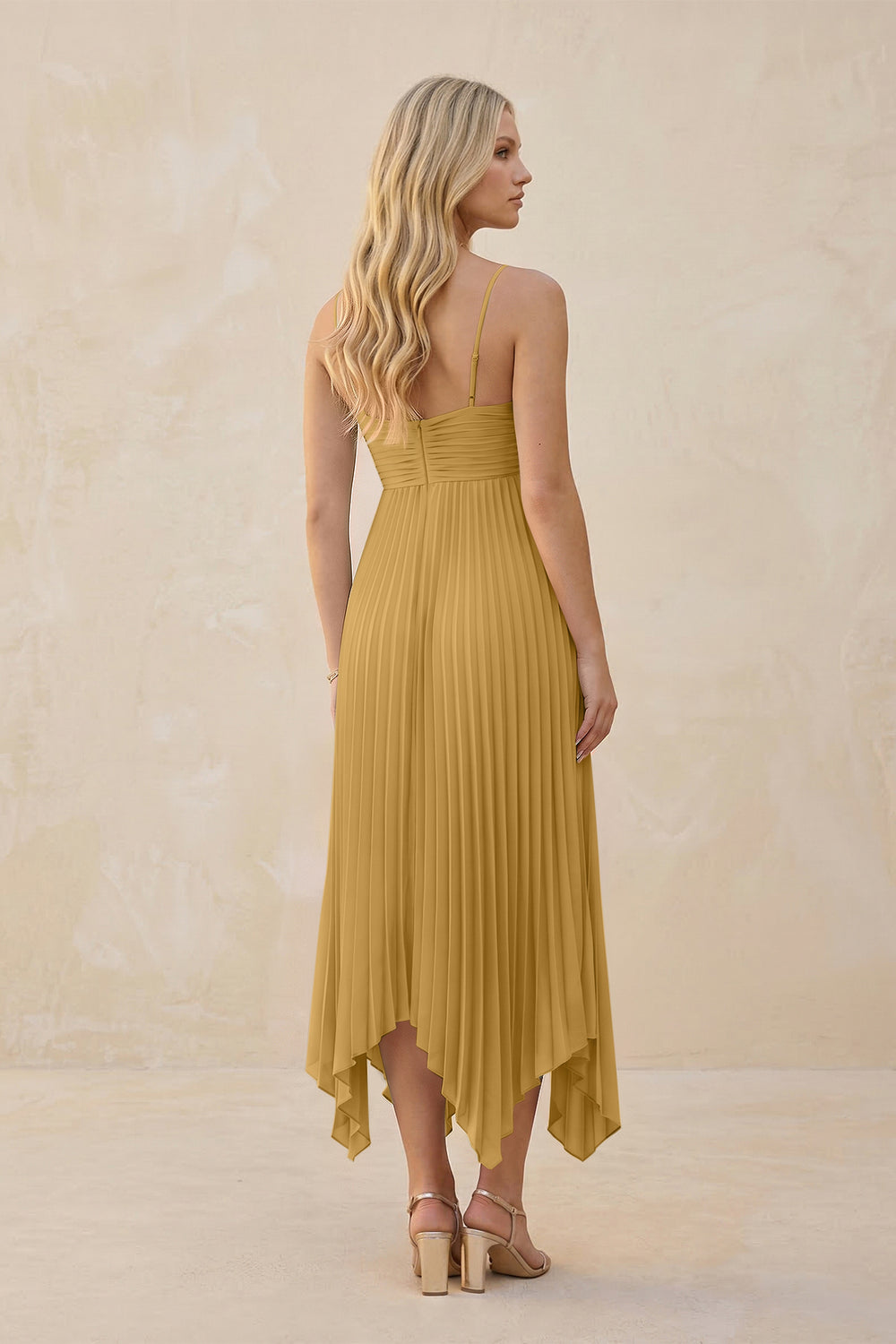 Spaghetti Strap Pleated A-Line Chiffon Midi Bridesmaid Dress in Marigold