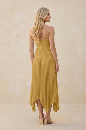 Spaghetti Strap Pleated A-Line Chiffon Midi Bridesmaid Dress in Marigold (2) | KISSBRIDAL