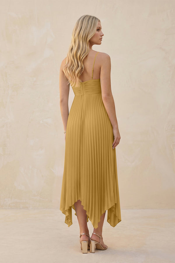 Spaghetti Strap Pleated A-Line Chiffon Midi Bridesmaid Dress in Marigold (2) | KISSBRIDAL