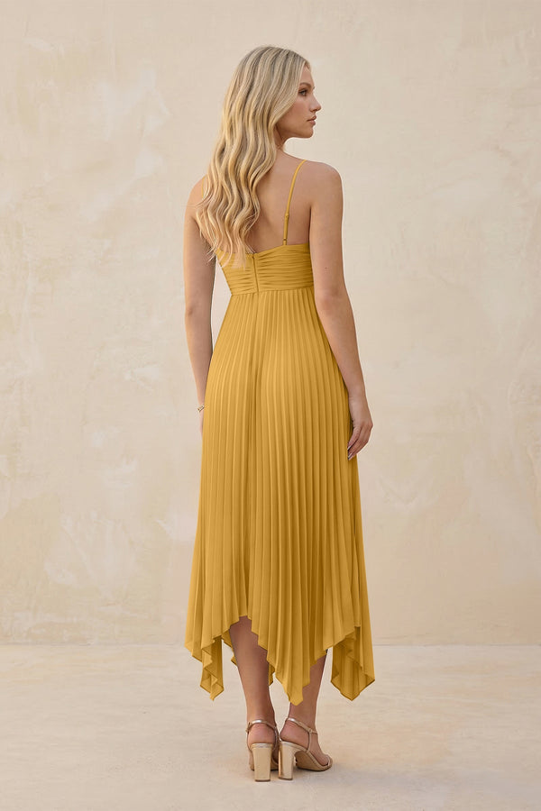 Spaghetti Strap Pleated A - Line Chiffon Midi Bridesmaid Dress in Marigold - KISS BRIDAL Bridesmaid Dresses