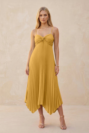 Spaghetti Strap Pleated A - Line Chiffon Midi Bridesmaid Dress in Marigold - KISS BRIDAL Bridesmaid Dresses