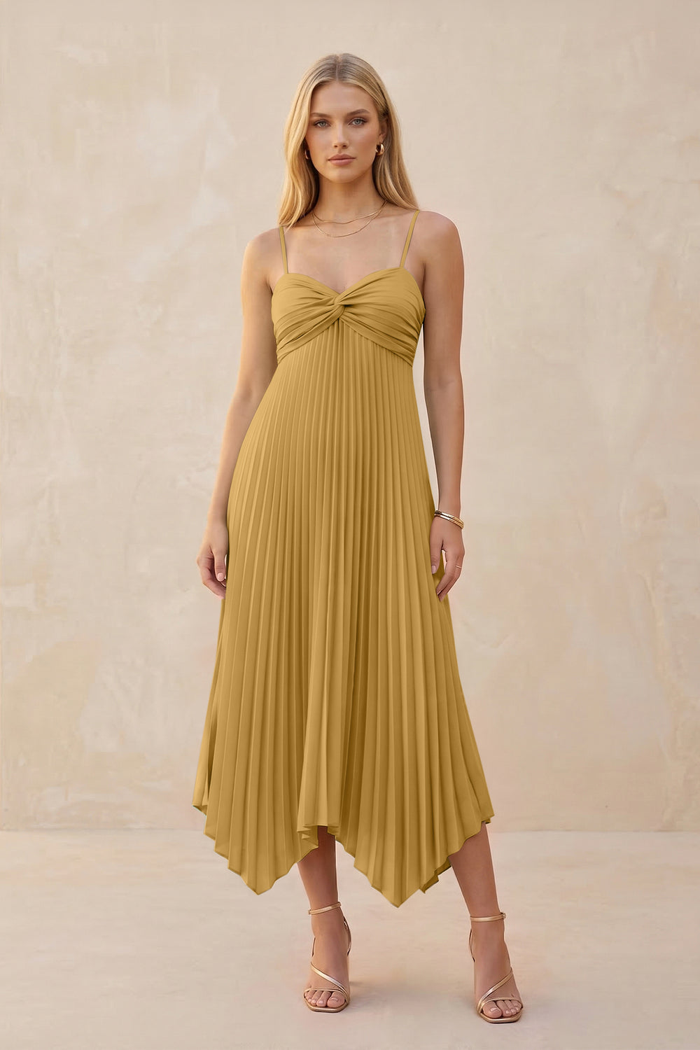 Spaghetti Strap Pleated A-Line Chiffon Midi Bridesmaid Dress in Marigold