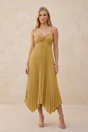 Spaghetti Strap Pleated A-Line Chiffon Midi Bridesmaid Dress in Marigold | KISSBRIDAL
