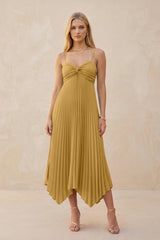 Spaghetti Strap Pleated A-Line Chiffon Midi Bridesmaid Dress in Marigold | KISSBRIDAL