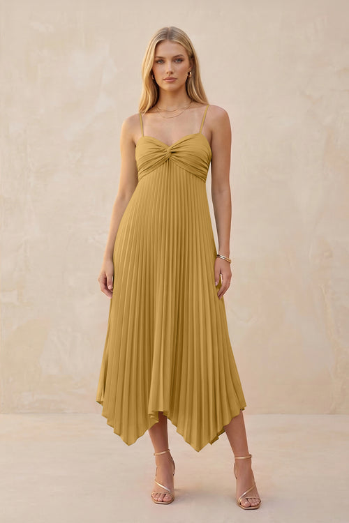 Spaghetti Strap Pleated A-Line Chiffon Midi Bridesmaid Dress in Marigold | KISSBRIDAL