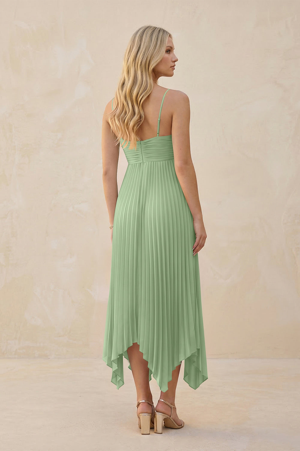 Spaghetti Strap Pleated A-Line Chiffon Midi Bridesmaid Dress in Matcha