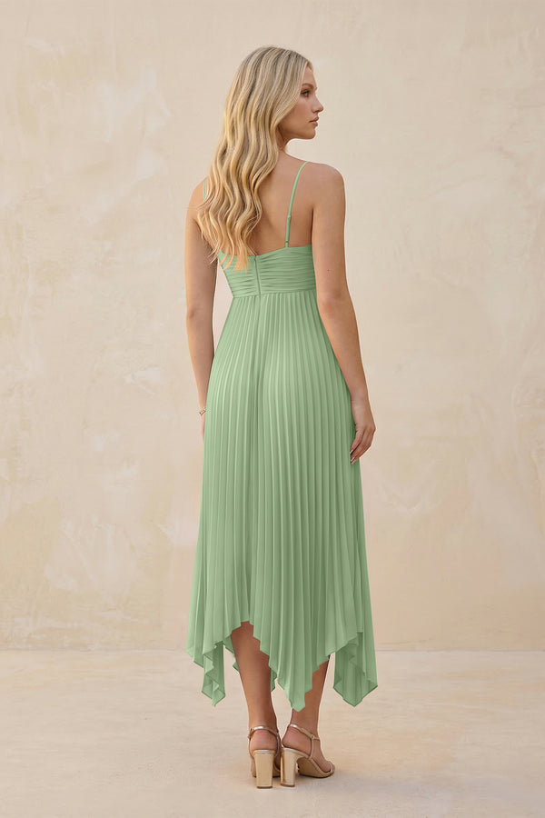 Spaghetti Strap Pleated A-Line Chiffon Midi Bridesmaid Dress in Matcha (2) | KISSBRIDAL