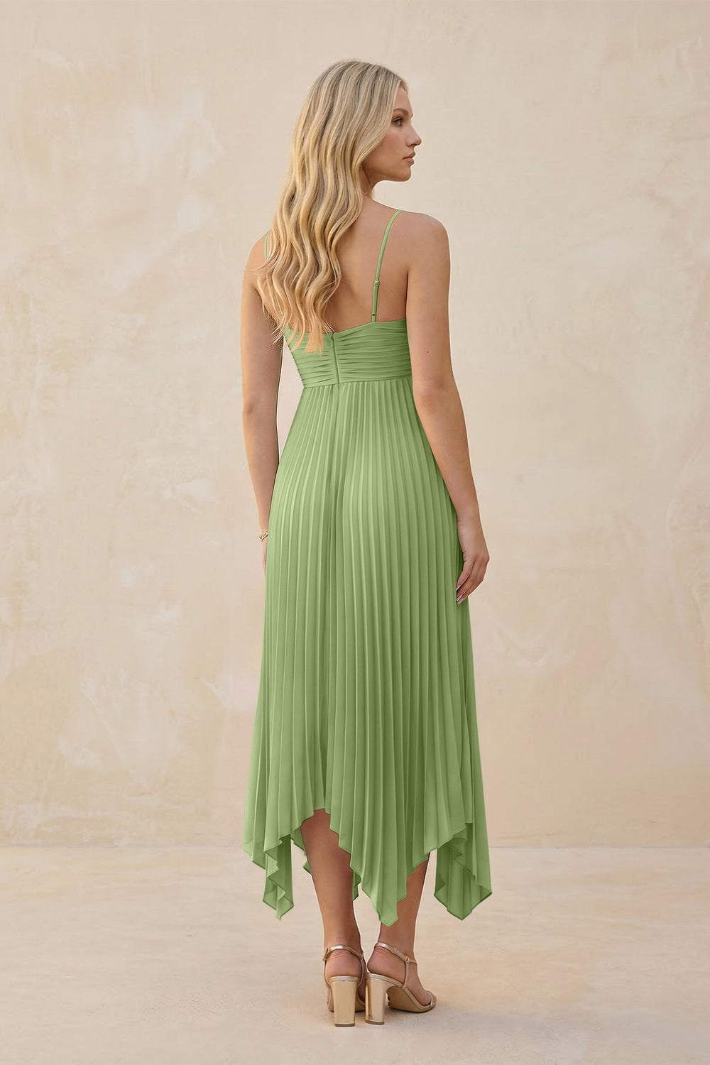 Spaghetti Strap Pleated A - Line Chiffon Midi Bridesmaid Dress in Matcha - KISS BRIDAL Bridesmaid Dresses