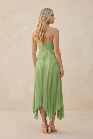 Spaghetti Strap Pleated A - Line Chiffon Midi Bridesmaid Dress in Matcha - SHE IS ME Bridesmaid Dresses