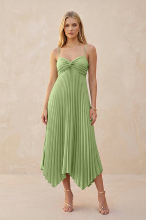 Spaghetti Strap Pleated A - Line Chiffon Midi Bridesmaid Dress in Matcha - SHE IS ME Bridesmaid Dresses