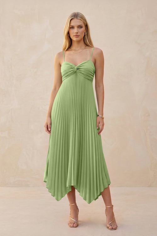 Spaghetti Strap Pleated A - Line Chiffon Midi Bridesmaid Dress in Matcha - SHE IS ME Bridesmaid Dresses