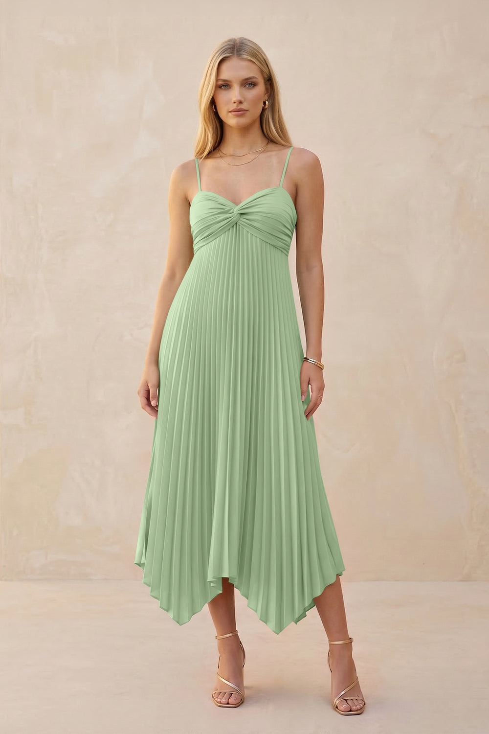 Spaghetti Strap Pleated A-Line Chiffon Midi Bridesmaid Dress in Matcha