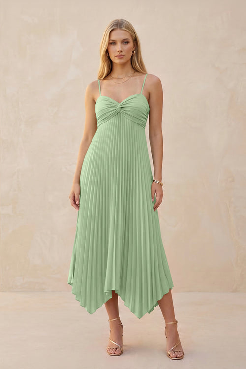 Spaghetti Strap Pleated A-Line Chiffon Midi Bridesmaid Dress in Matcha | KISSBRIDAL