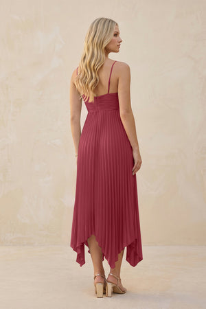 Spaghetti Strap Pleated A-Line Chiffon Midi Bridesmaid Dress in Merlot (2) | KISSBRIDAL