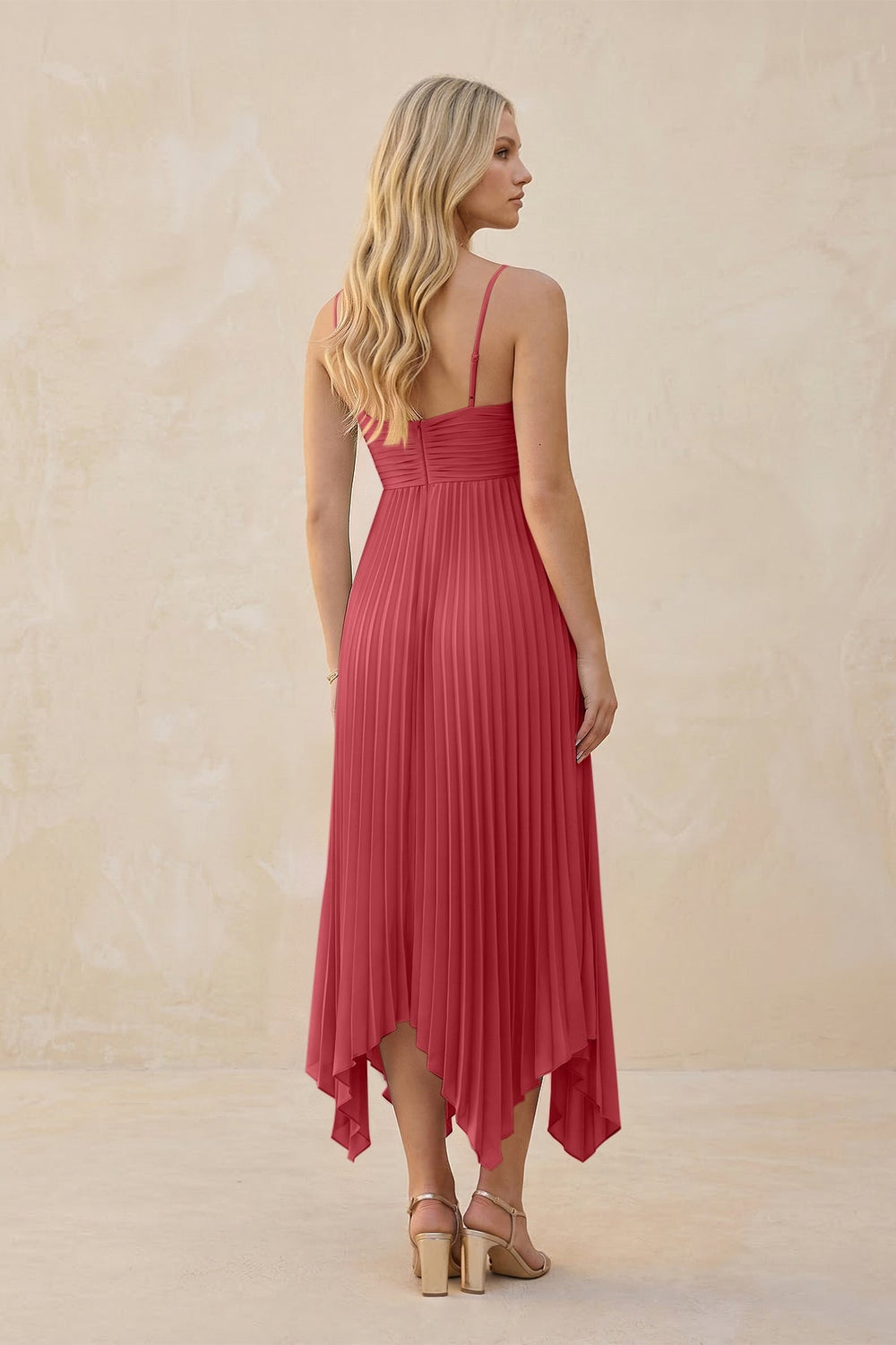 Spaghetti Strap Pleated A - Line Chiffon Midi Bridesmaid Dress in Merlot - KISS BRIDAL Bridesmaid Dresses