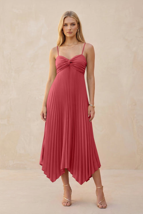 Spaghetti Strap Pleated A - Line Chiffon Midi Bridesmaid Dress in Merlot - KISS BRIDAL Bridesmaid Dresses
