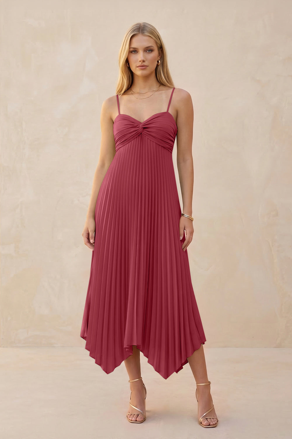Spaghetti Strap Pleated A-Line Chiffon Midi Bridesmaid Dress in Merlot