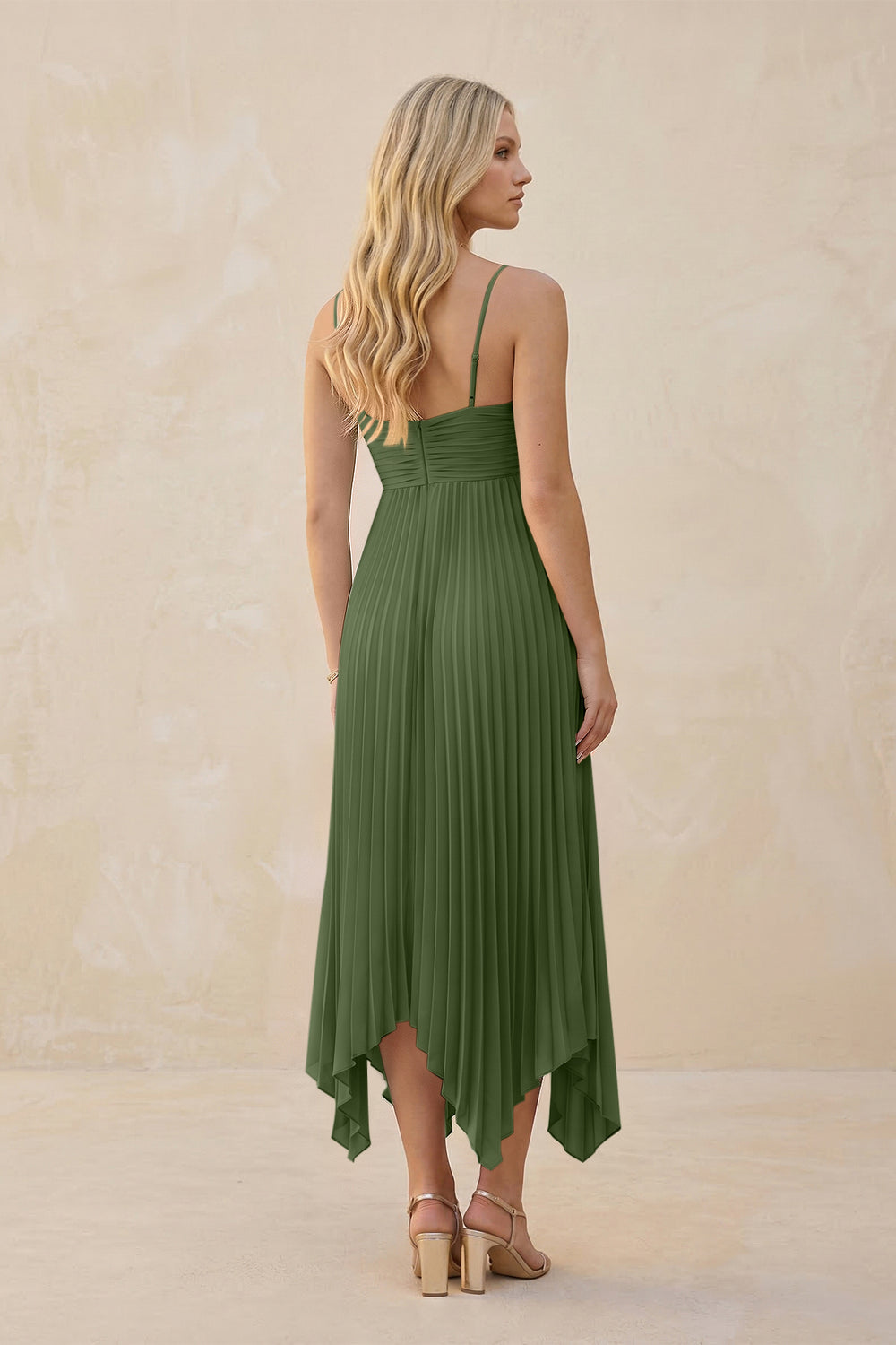 Spaghetti Strap Pleated A-Line Chiffon Midi Bridesmaid Dress in Moss