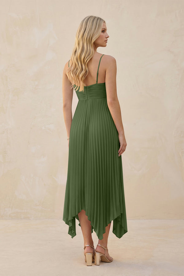 Spaghetti Strap Pleated A-Line Chiffon Midi Bridesmaid Dress in Moss (2) | KISSBRIDAL