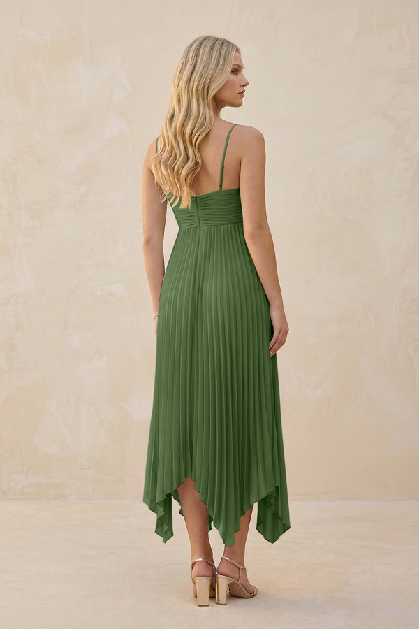Spaghetti Strap Pleated A - Line Chiffon Midi Bridesmaid Dress in Moss - KISS BRIDAL Bridesmaid Dresses