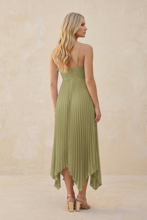 Spaghetti Strap Pleated A-Line Chiffon Midi Bridesmaid Dress in Moss Green (2) | KISSBRIDAL