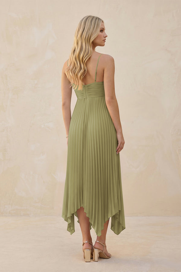 Spaghetti Strap Pleated A-Line Chiffon Midi Bridesmaid Dress in Moss Green (2) | KISSBRIDAL