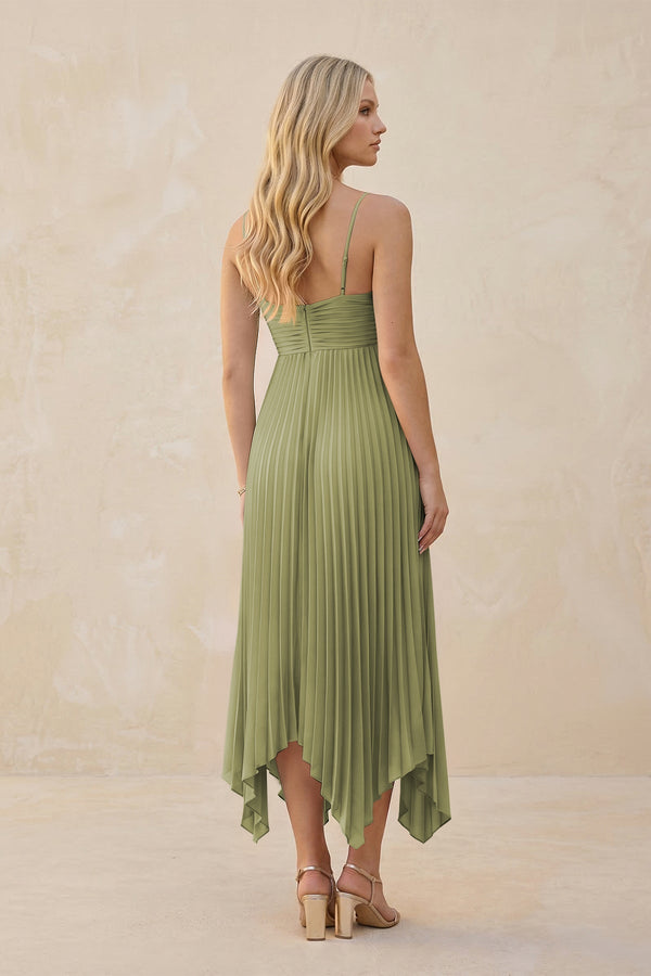 Spaghetti Strap Pleated A - Line Chiffon Midi Bridesmaid Dress in Moss Green - KISS BRIDAL Bridesmaid Dresses