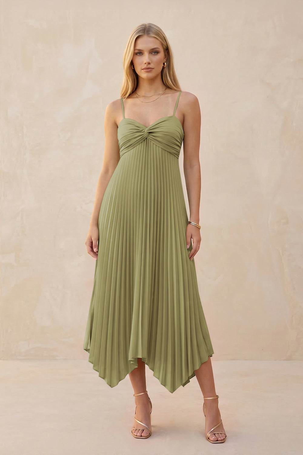 Spaghetti Strap Pleated A-Line Chiffon Midi Bridesmaid Dress in Moss Green