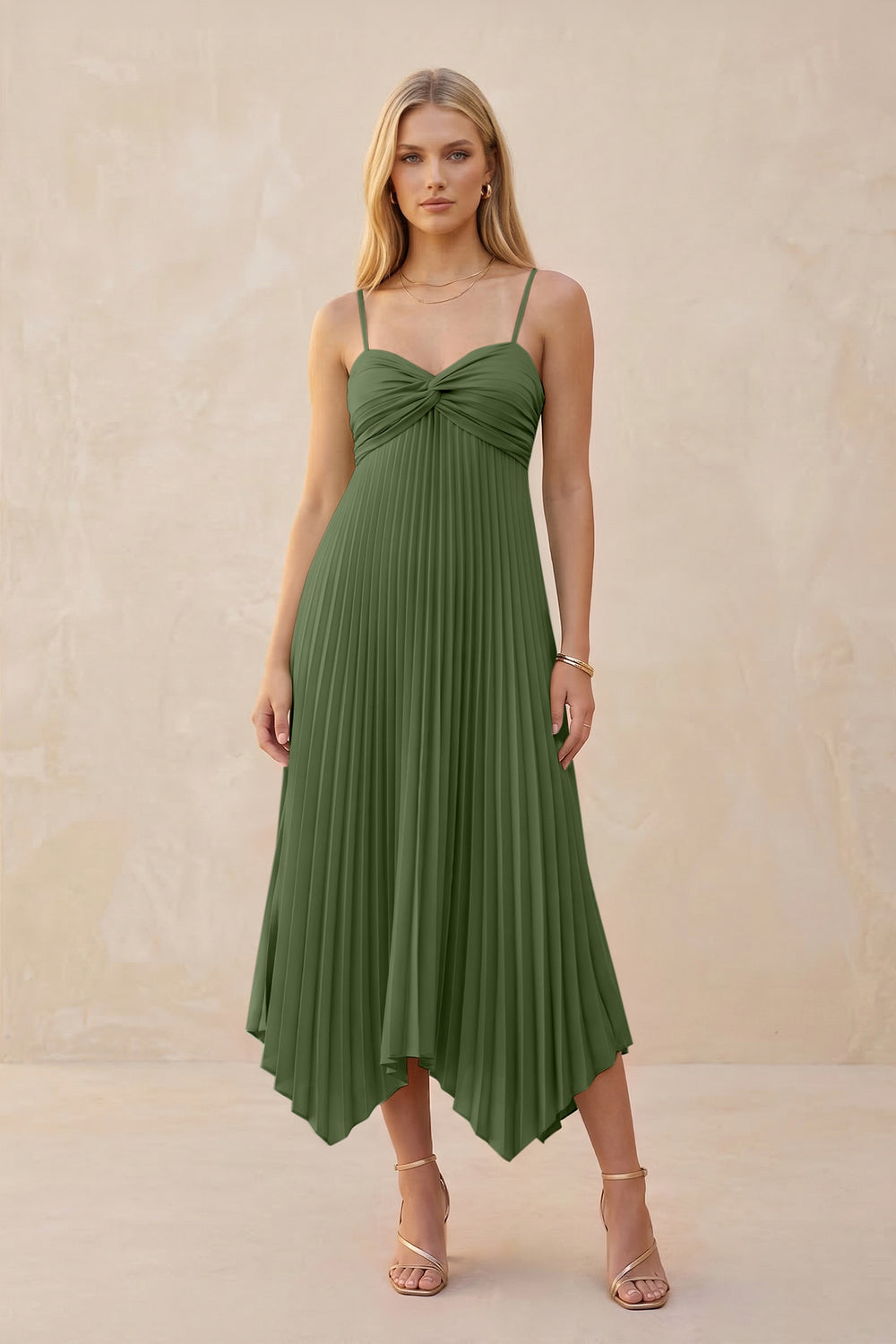 Spaghetti Strap Pleated A-Line Chiffon Midi Bridesmaid Dress in Moss