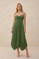 Spaghetti Strap Pleated A-Line Chiffon Midi Bridesmaid Dress in Moss | KISSBRIDAL