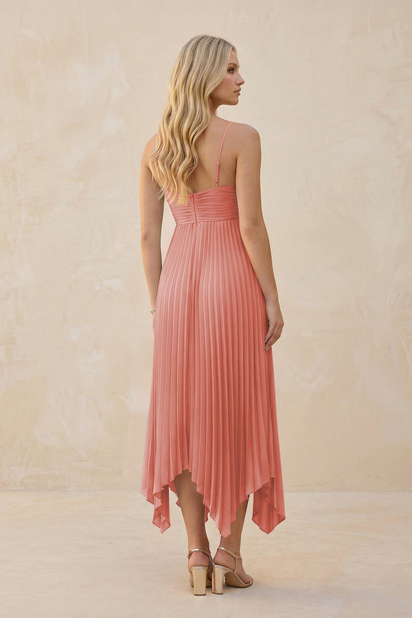 Spaghetti Strap Pleated A - Line Chiffon Midi Bridesmaid Dress in Mulberry - KISS BRIDAL Bridesmaid Dresses